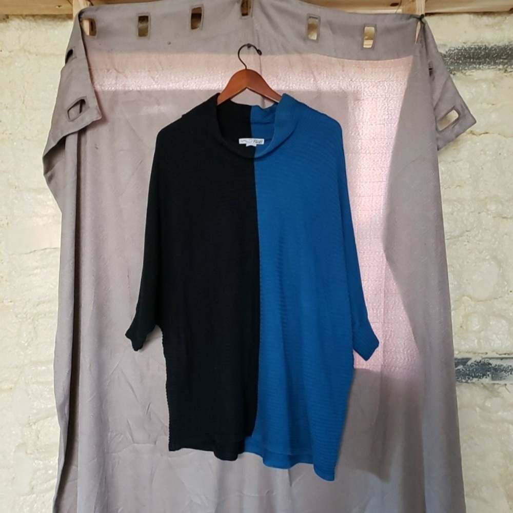 RXB Sweater Tunic Womens XL Black Blue Colorblock Mock Neck 3/4 Sleeve Knit